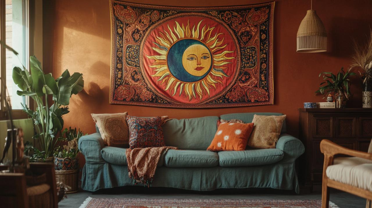 Decoración celestial: cómo el tapiz sol luna transforma tu espacio con mensajes inspiradores